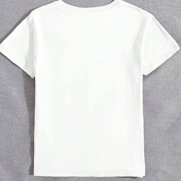 White Casual Women's Letter Print Round Neck Short Sleeve Casual Top - Picture 2 of 4